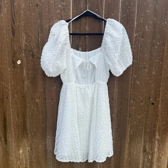 Endless Rose White Puff Sleeve Rosette Mini Dress Size Small Anthropologie - Picture 3 of 8